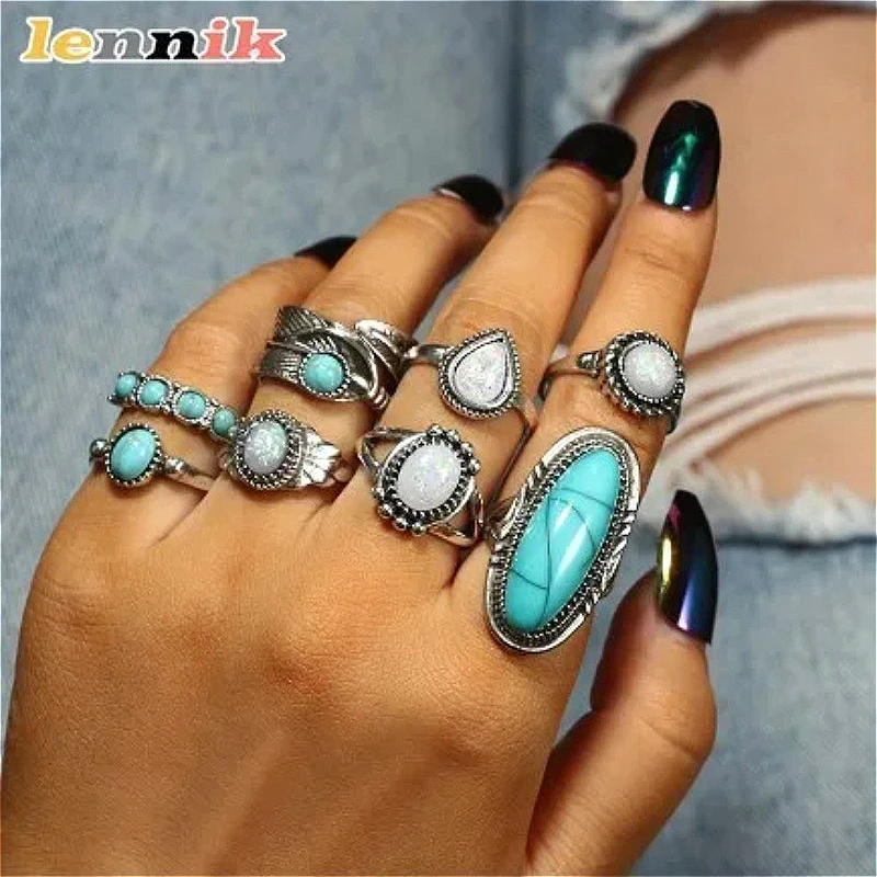 Ethnic Wear Fashion Designer - ชุดแหวนขนนกสีเทอร์ควอยซ์สไตล์โบฮีเมียนย้อนยุคสำหรับผู้หญิง LENNIK จำนวน 8 วง ดีไซน์แกะสลักทันสมัย
