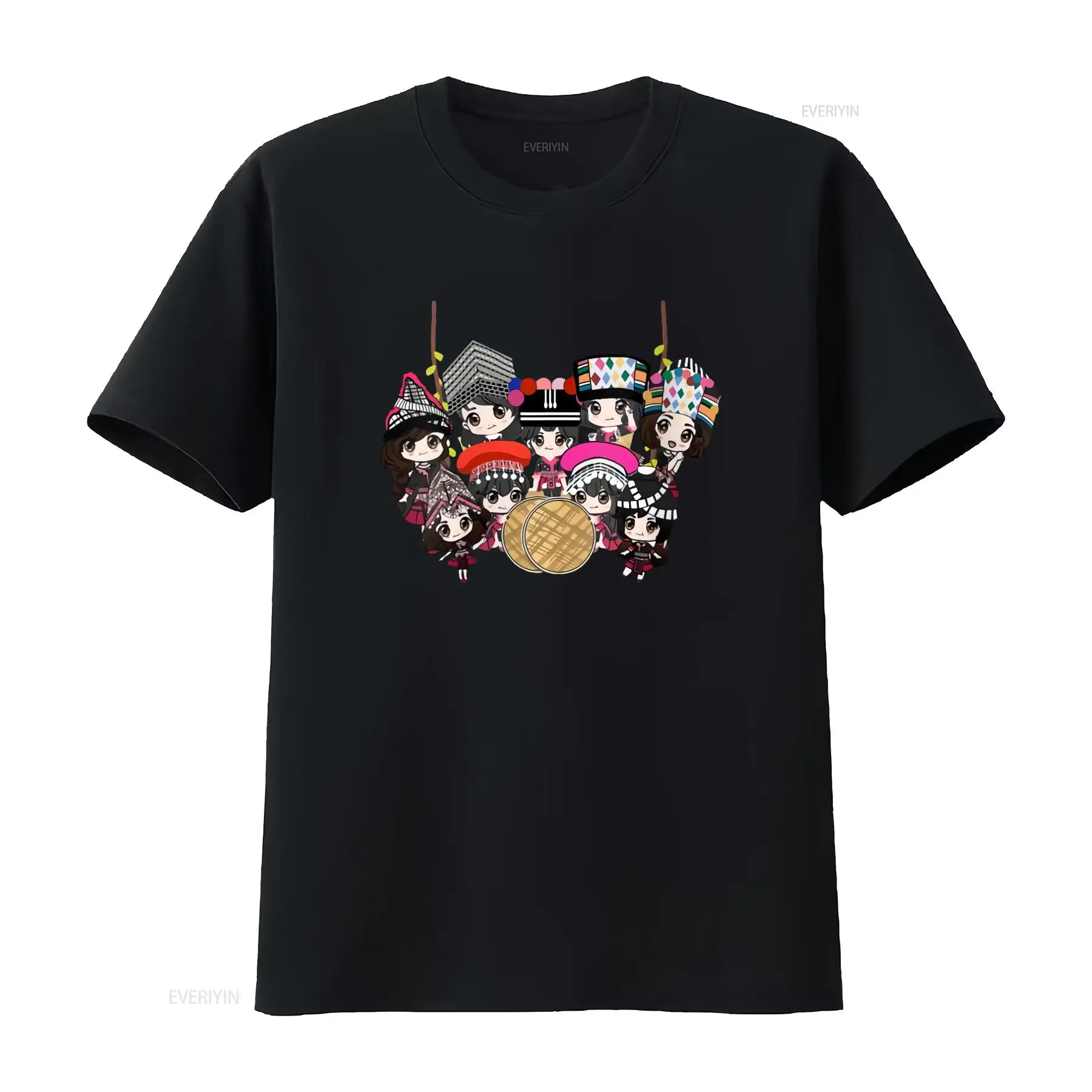 Fashion Ethnic Wear For Men - เสื้อยืดพิมพ์ลายการ์ตูนเด็กหญิงชาวม้ง 9 คน รุ่น U1K5 สไตล์ชาติพันธุ์สีสันสดใส