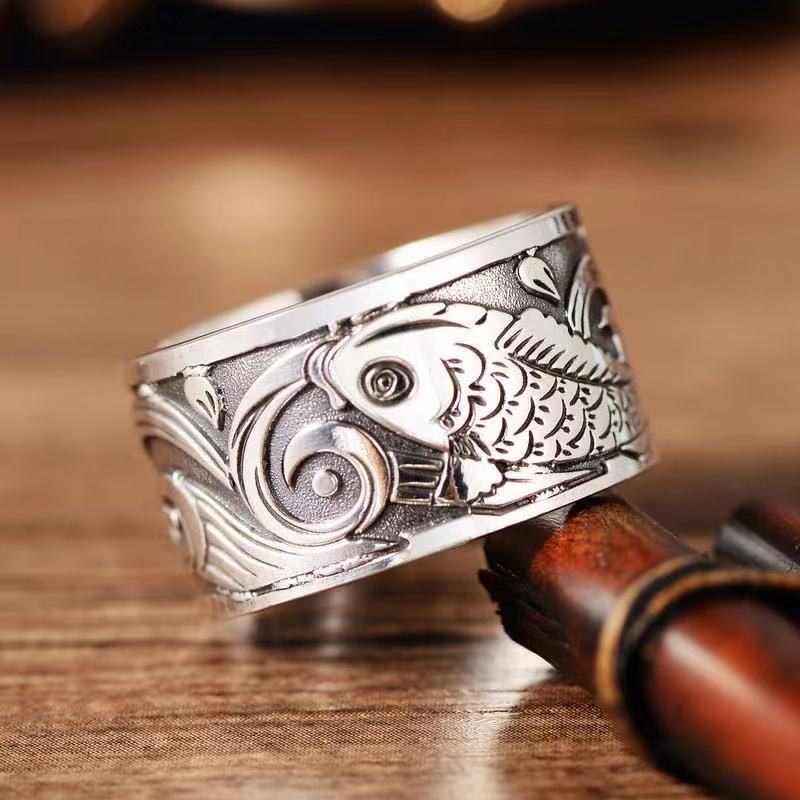 Fashion Ethnic Wear For Men - 2021การออกแบบใหม่ Koi ปลารูปแบบเปิดแหวนแฟชั่น Minority Charm ผู้ชายและผู้หญิงสวมใส่ยี่ห้อแหวนปลาคาร์พนกฮูกแหวนคู่