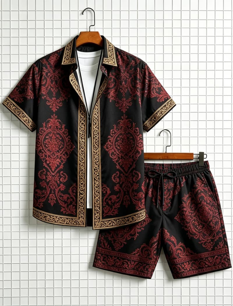 Ethnic Style - ชุดเสื้อเชิ้ตแขนสั้นและกางเกงขาสั้นพิมพ์ลายแนวชาติพันธุ์สำหรับผู้ชาย สไตล์สดใสและสง่างาม เหมาะสำหรับการพักผ่อนประจำวันและการเดินทางกลางแจ้ง