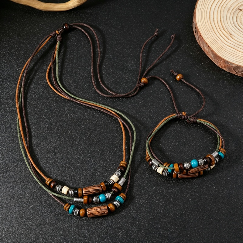 Fashion Ethnic Wear For Men - ชุดเครื่องประดับเชือกหนังเทียม 2 ชั้น สไตล์วินเทจ พร้อมจี้ไม้ สร้อยคอ