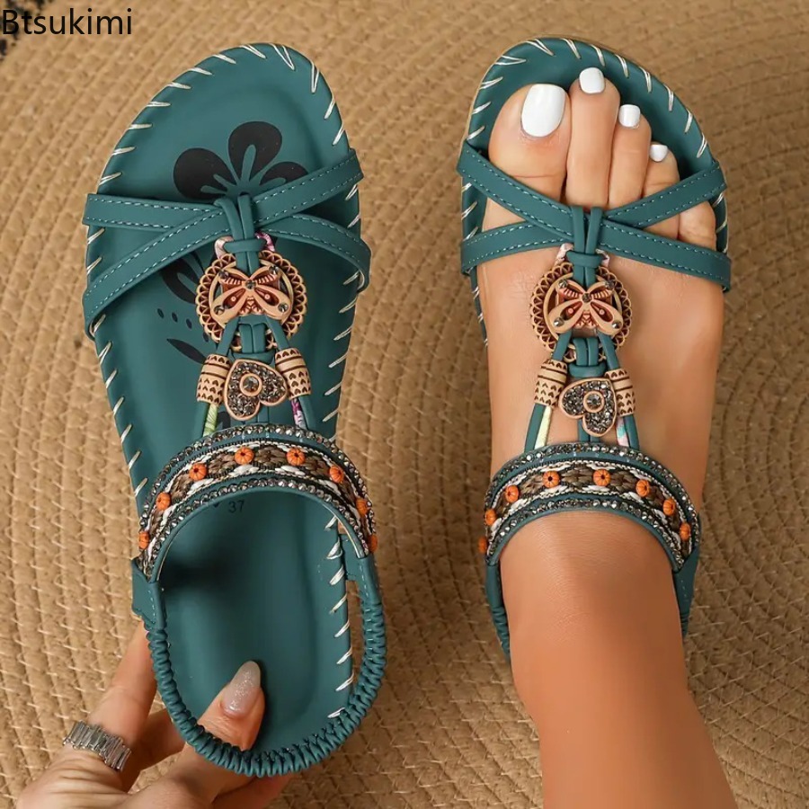 Ethnic Fashion Dress - รองเท้าแตะสไตล์โบฮีเมียนสำหรับผู้หญิง รองเท้าลำลองแบบสวมใส่ได้ทั้งชายหาดและกลางแจ้ง รองเท้าพื้นเรียบสไตล์ชาติพันธุ์สำหรับสุภาพสตรี รองเท้าพื้นนุ่มใส่สบาย รองเท้าแตะผู้หญิง
