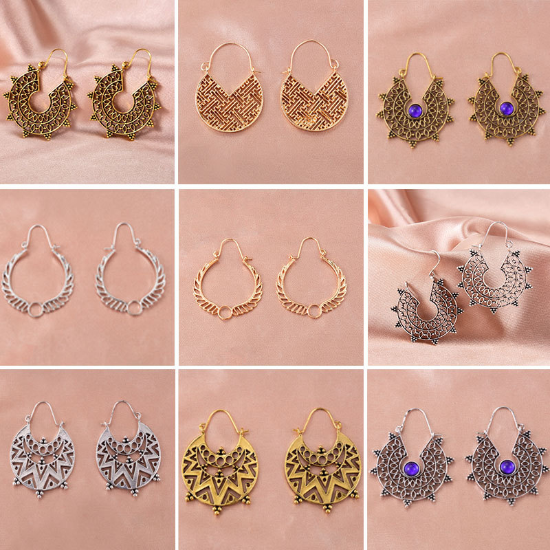 Ethnic Fashion Instagram - ต่างหูแกะสลักกลวงสำหรับสตรีรูปทรงเรขาคณิตรูปพัดลมพร้อมต่างหูสไตล์ชาติพันธุ์