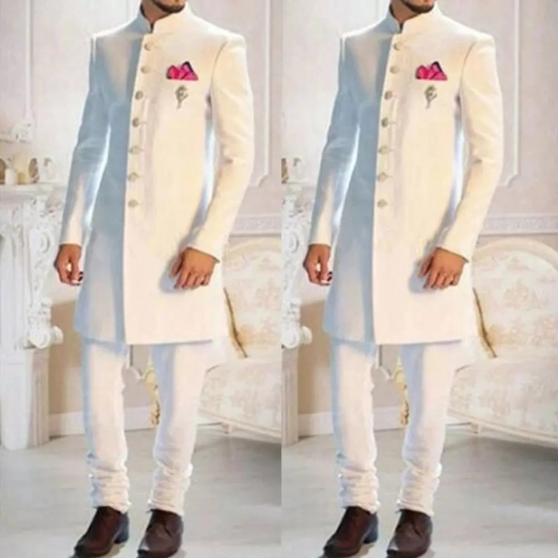 Fashion Ethnic Wear For Men - แฟชั่นสีขาวคอตั้งเดี่ยวอินเดีย Tuxedo เจ้าบ่าวยาวชุดสำหรับผู้ชายงานแต่งงานอย่างเป็นทางการ Slim Fit สวมใส่2pc