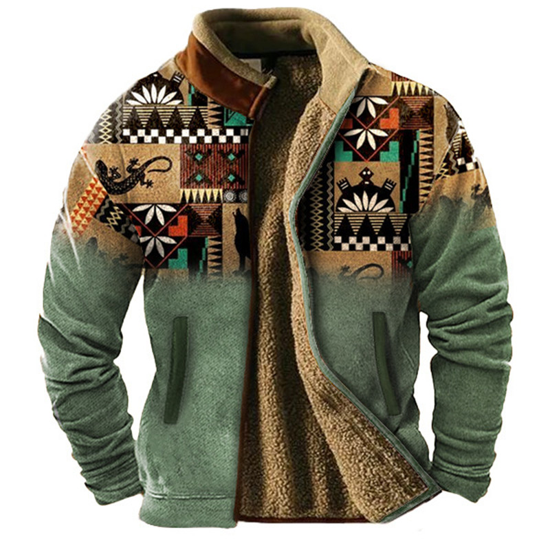Fashion Ethnic Wear For Men - เสื้อแจ็คเก็ตบุขนสัตว์แขนยาวสำหรับผู้ชายในฤดูหนาว อบอุ่นในฤดูหนาว หนาและทันสมัย ​​สวมใส่ในบ้าน ลายชาติพันธุ์แบบกำมะหยี่