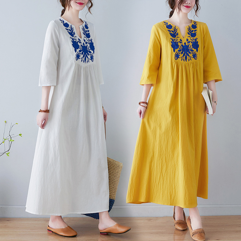 เดรสผ้าฝ้ายลินินปักลายสไตล์ชาต - Ethnic Fashion Dress บทวิจารณ์และราคา